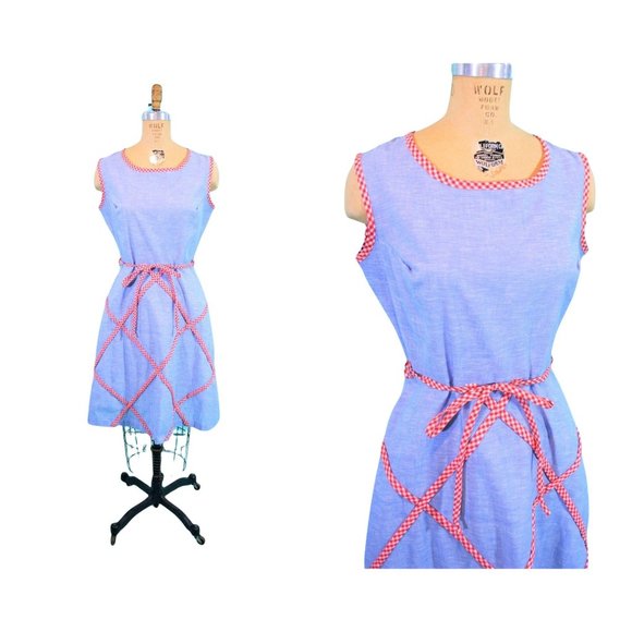 Vintage 1960s Picnic Dress Blue Chambray Red Checkered Sheath | W 28" - Picture 1 of 9
